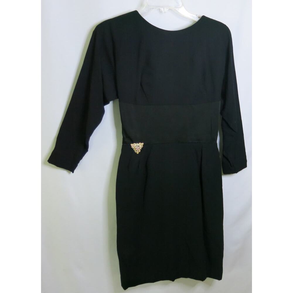 VINTAGE 1960/70 Cocktail Little Black Dress Back Bow Size 11* Brooch Glam Formal
